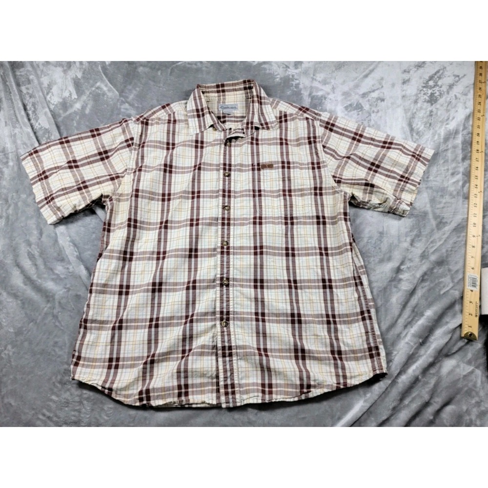 Carhartt Mens Large Button‎ Up Shirt burgundy maroon Plaid Short Sleeve